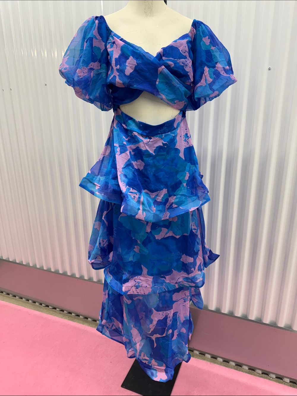 NWT Hello Molly Blue & Pink Organza Cutout Tiered Midi Dress | US 8